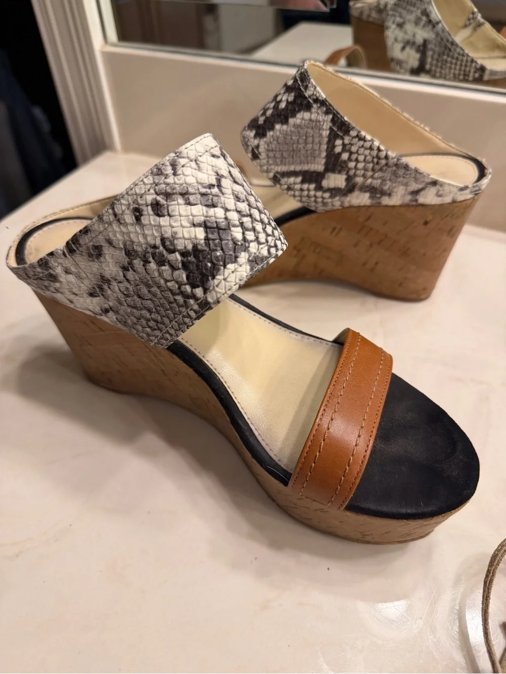 Wedge Sandals with Snake-Print Ankle Strap and Tan Toe Band
